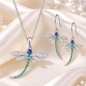 Dragonfly Emerald Crystal Necklace with Matching Earrings